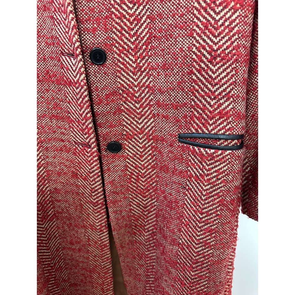 Barneys New York Herringbone Wool Tweed Overcoat Red Tan Italy Size 8 Long Coat - Picture 7 of 16